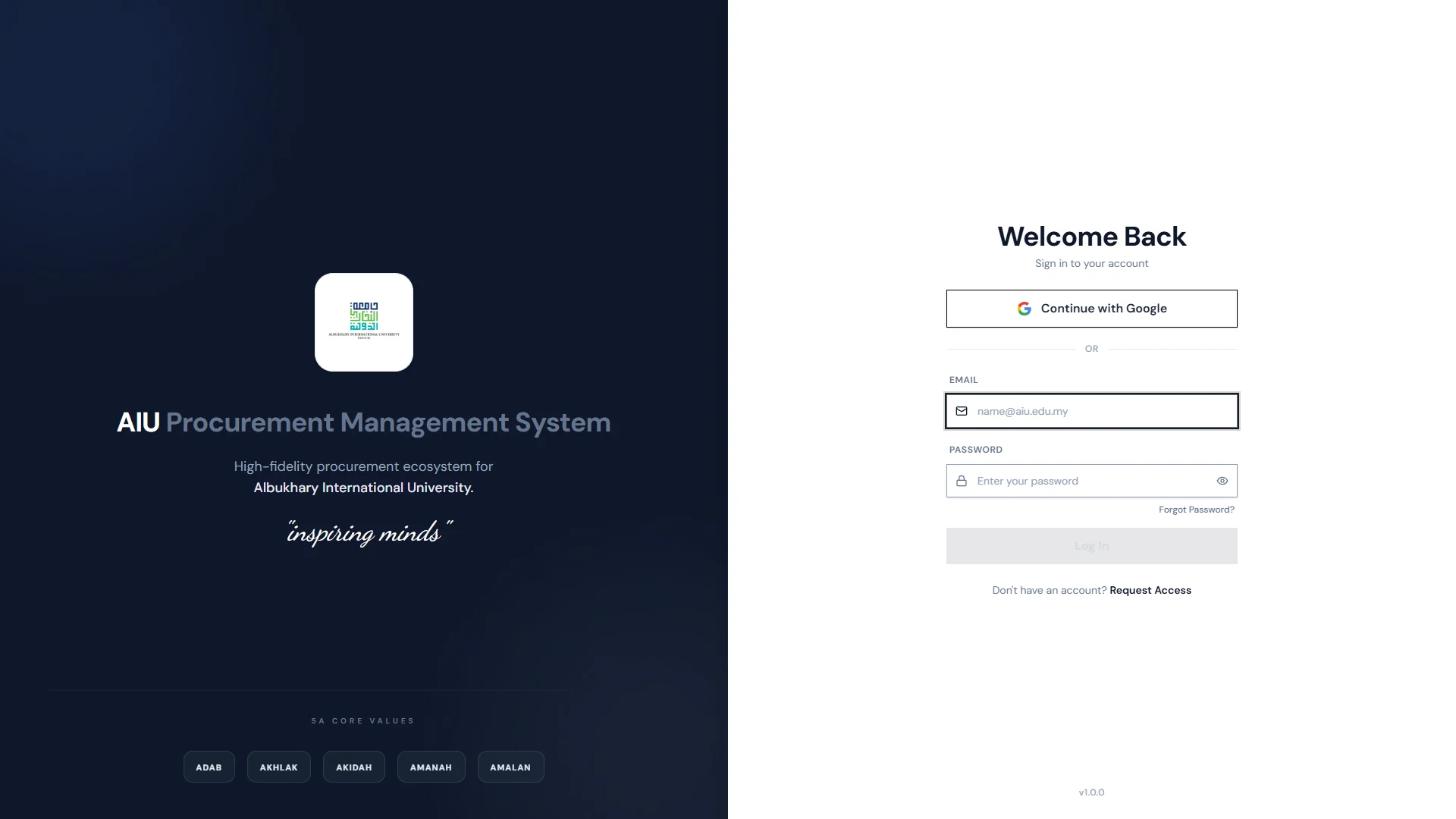 AIU Procurement System Application Preview